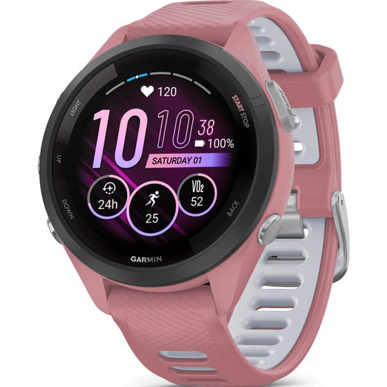 Garmin Forerunner® 265S GPS Smartwatch Black Bezel with Light Pink Case and Light Pink/Powder Grey Silicone Band (EA1)