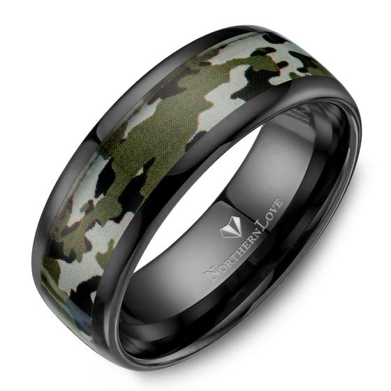 NORTHERN LOVE 8mm Black Ceramic Men's Ring Camouflage Pattern Inlay (EA3)