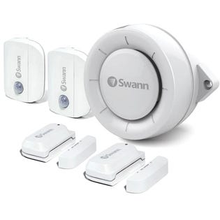 Kit d'alerte Swann Smart Home de sécurité 5 pièces avec 2 détecteurs de porte de fenêtre, 2 détecteurs de mouvement et sirène intérieure - Blanc (EA1)