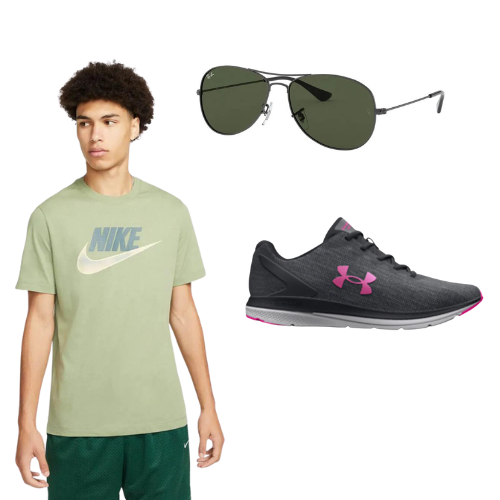 Nike Athletic T-shirt, Ray-Ban Sunglasses and Under Armour Shoes
