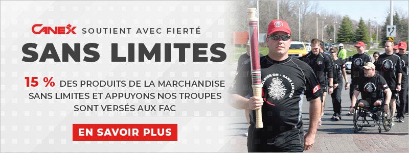 canex soutient avec fierte sans limites.  15 % des produits de la marchandise sans limites et appuyons nos troupes sont verses aux fac