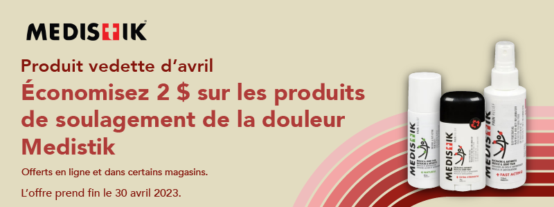 Économisez 2 $ sur les produits de soulagement de la douleur Medistik. Offerts en ligne et dans certains magasins. L’offre prend fin le 30 avril 2023.